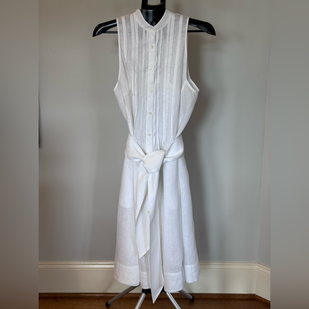 Ralph Lauren Sleeveless White Linen Button-Front Tie-Waist Dress Size 14